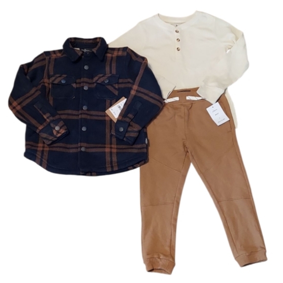 Eddie Bauer Kids 3 Pc Fleece Navy Plaid Flannel, Henley And Jogger Set ~sz 5 - Picture 1 of 5